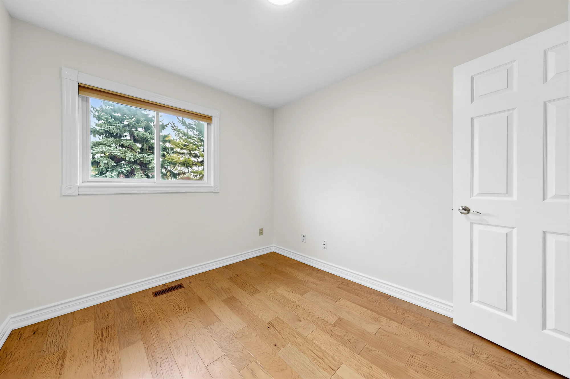 The other bedroom at the back, empty: a window onto a blue spruce, hardwood floors, the door open at the right