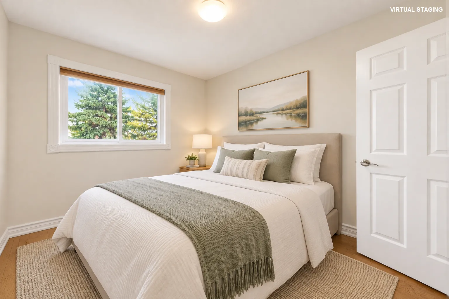 The same view virtually staged by the listing agent: a queen bed with white bedding and a green throw, a night table with a lamp, a rug, a landscape print; the words virtual staging in the corner