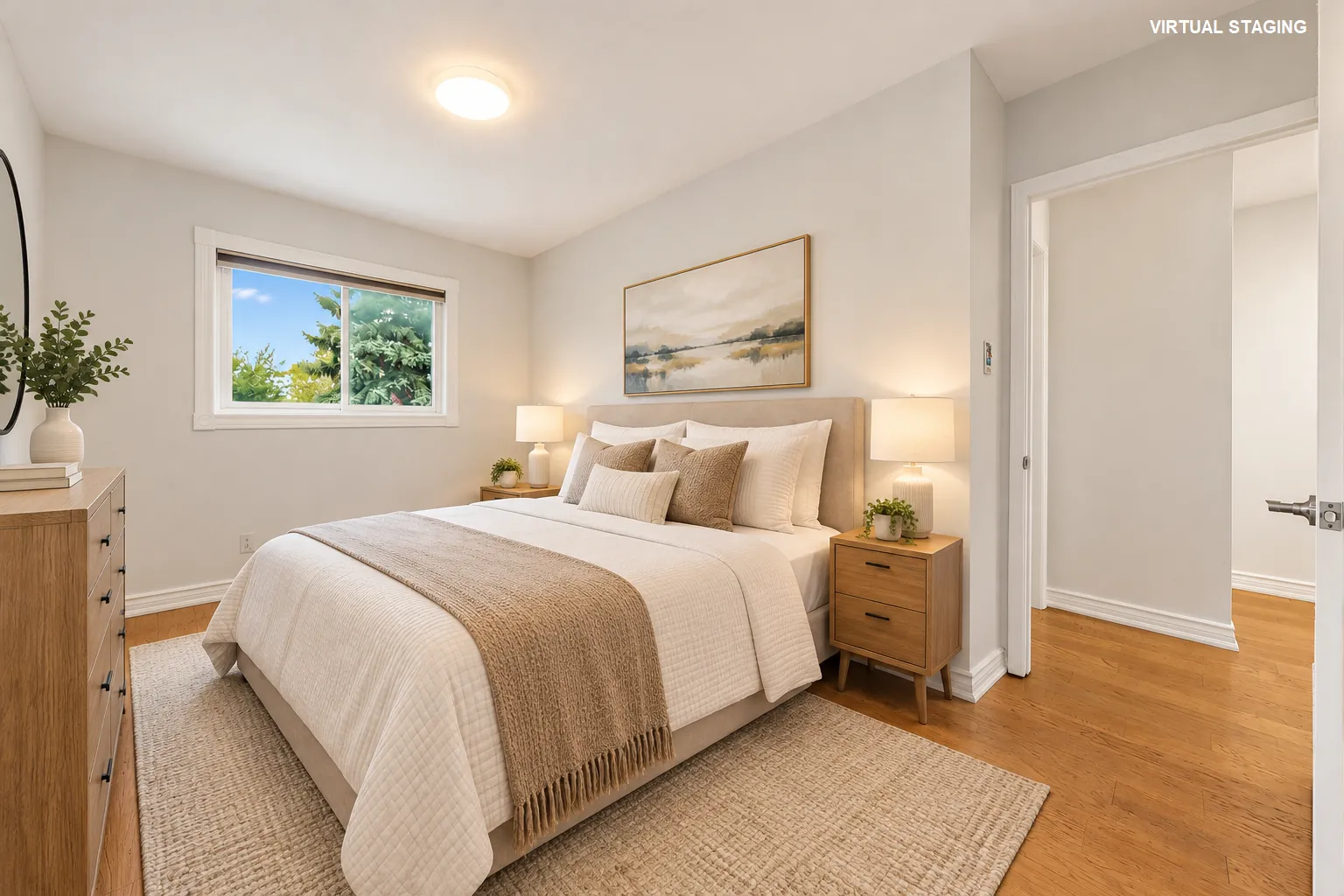 The same view virtually staged by the listing agent: a queen bed with linen bedding and a throw, night tables with lamps, a dresser, a rug, a landscape print; the words virtual staging in the corner