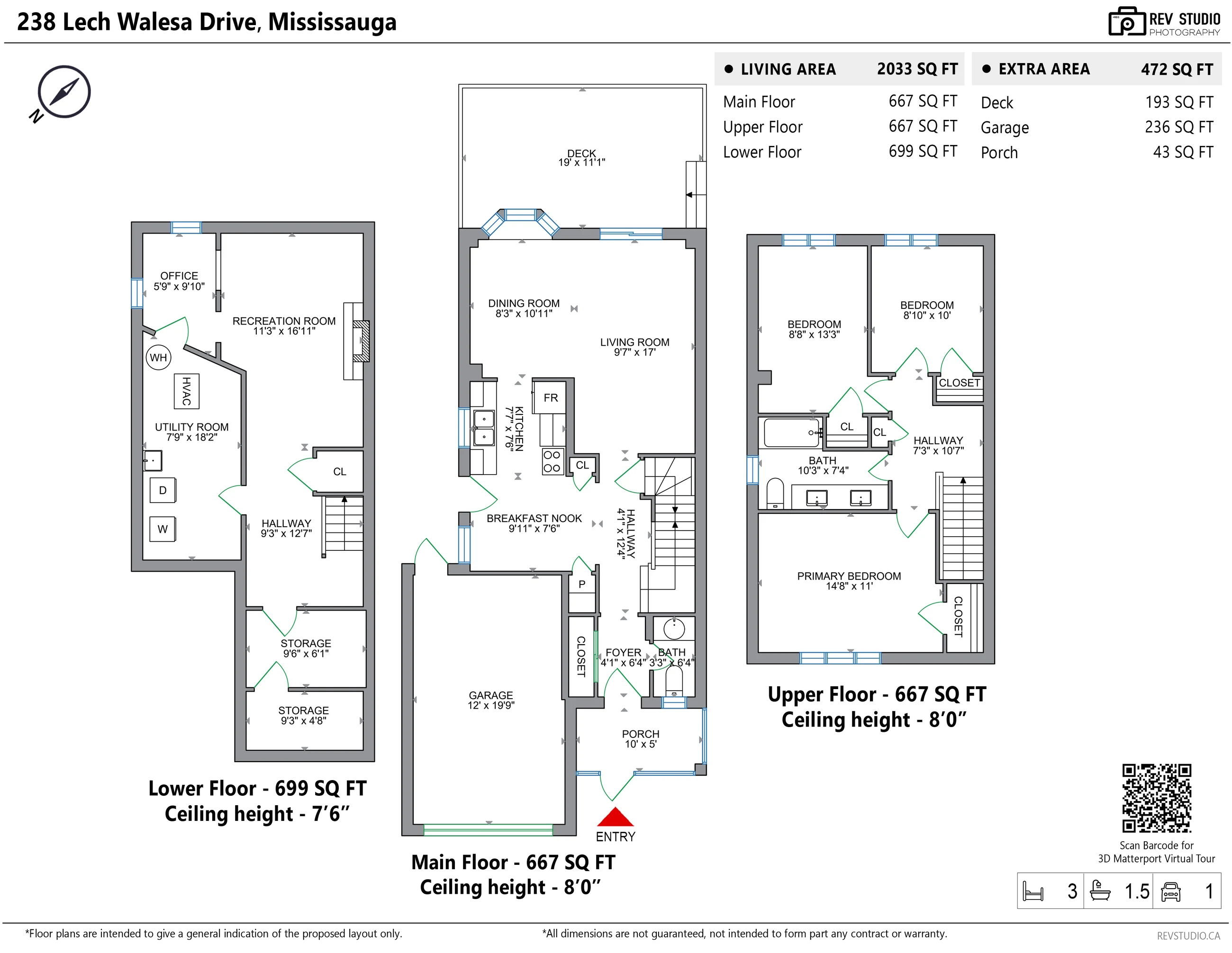 Floor plan of 238 Lech Walesa Drive on three floors: the basement with an office, a recreation room, a utility room, a hall and two storage rooms; the main floor with the porch, the foyer, a powder room, the garage, the kitchen, the breakfast nook, the living and dining room and the deck; the upper floor with the primary bedroom, two bedrooms, a bathroom and the hall