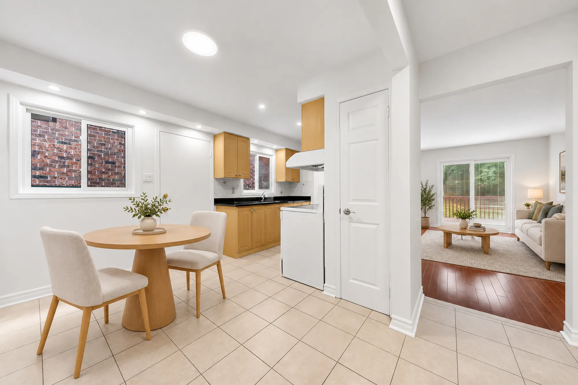The nook, virtually staged: a round table and chairs by the window, the kitchen beyond, the living room through the doorway