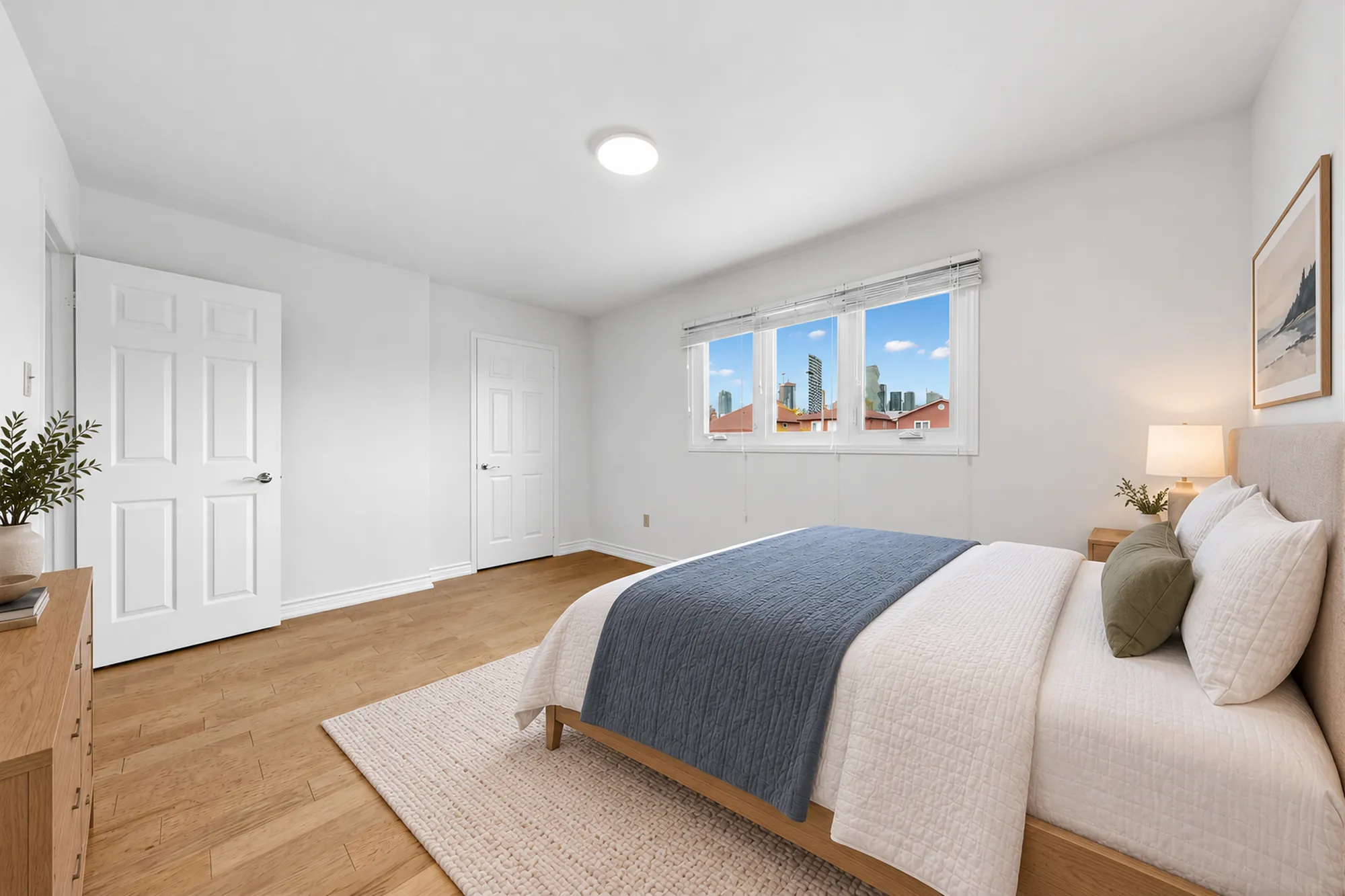 The same frame virtually staged: a bed with a blue throw, night tables and lamps, a rug, a framed print