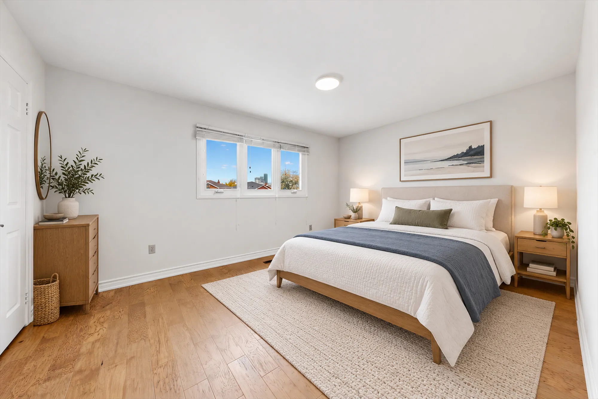 The same frame virtually staged: a bed with a grey throw, two night tables and lamps, a dresser, a rug and a framed print