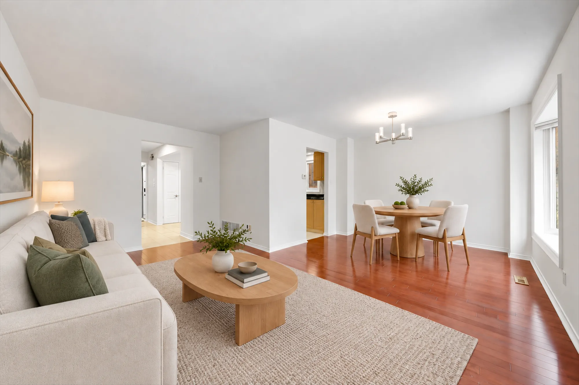 The same frame virtually staged: a sofa and a round coffee table in the foreground, a dining chair at the right