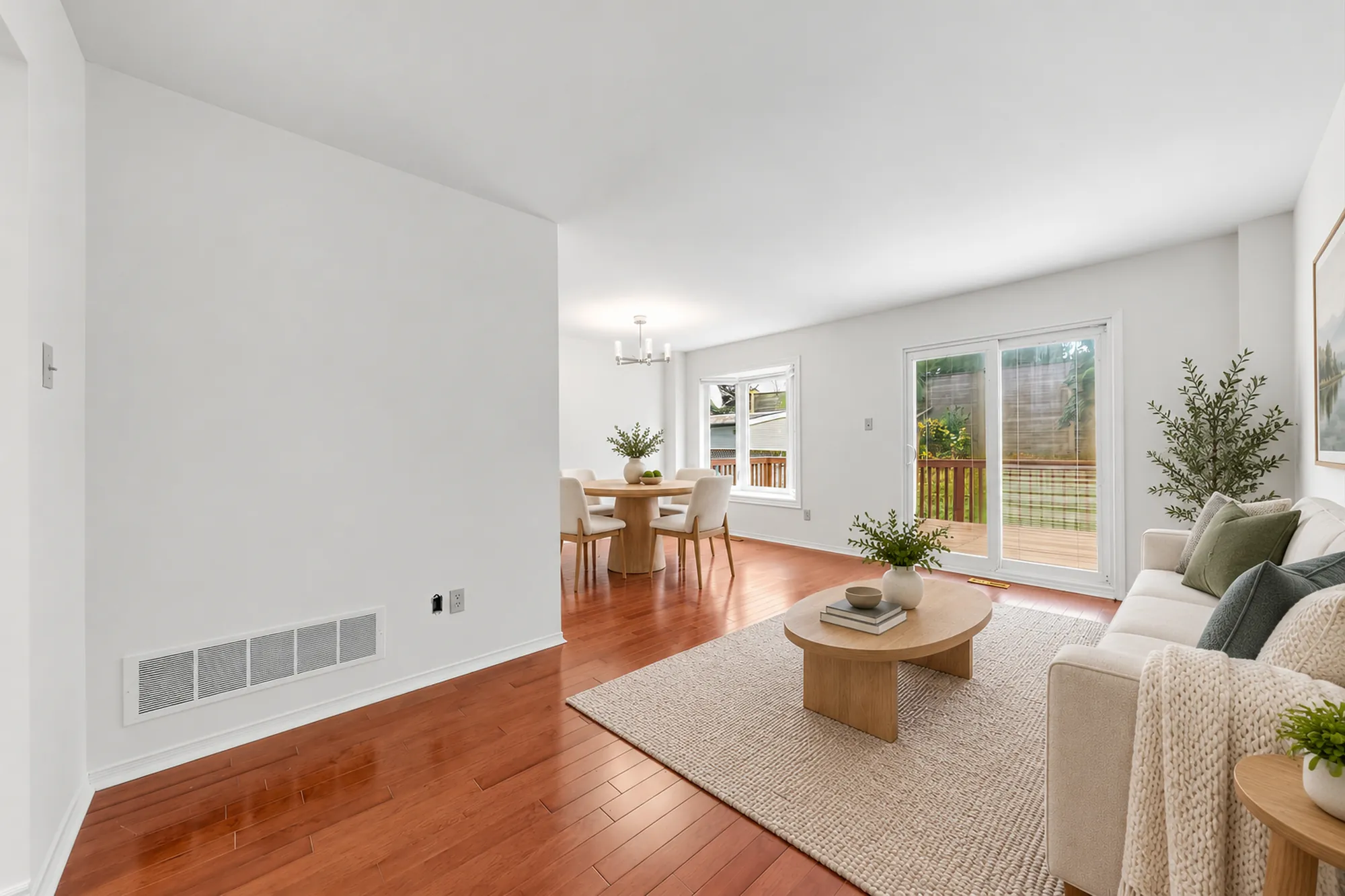 The same frame virtually staged: a sofa and armchair on a rug, a round coffee table, the dining table by the window beyond