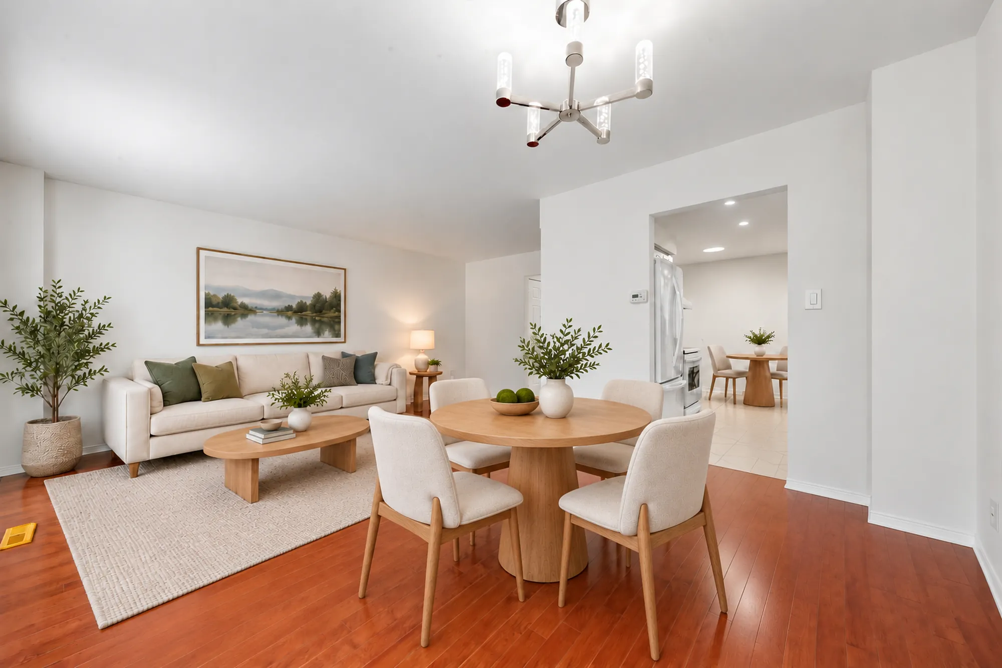 The dining table by the bay window in the foreground, virtually staged, and through the doorway the kitchen and the breakfast nook, also staged