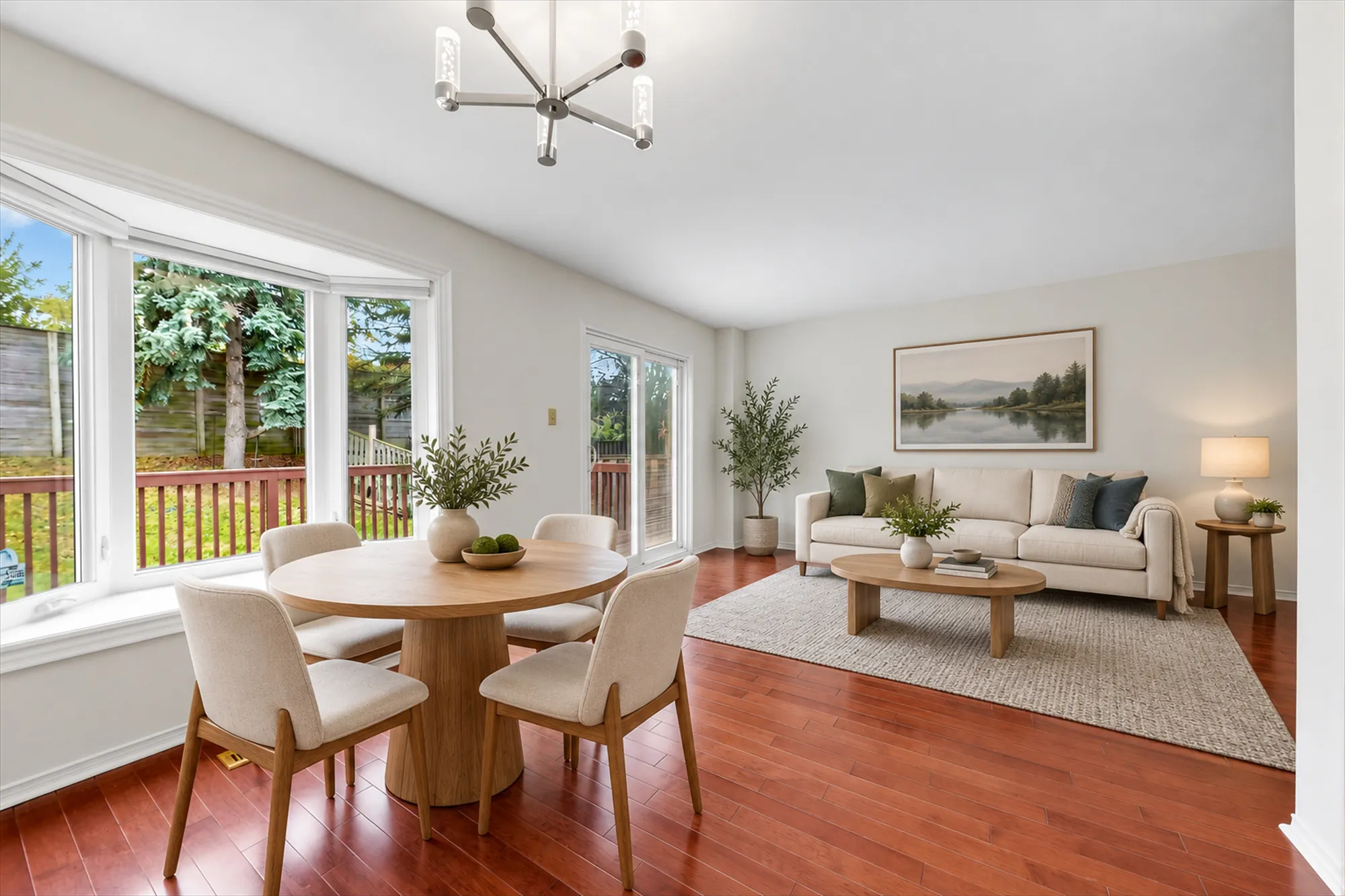 The same frame virtually staged: a round dining table and four chairs by the bay window, a cream sofa, a coffee table and a rug, plants and a framed print